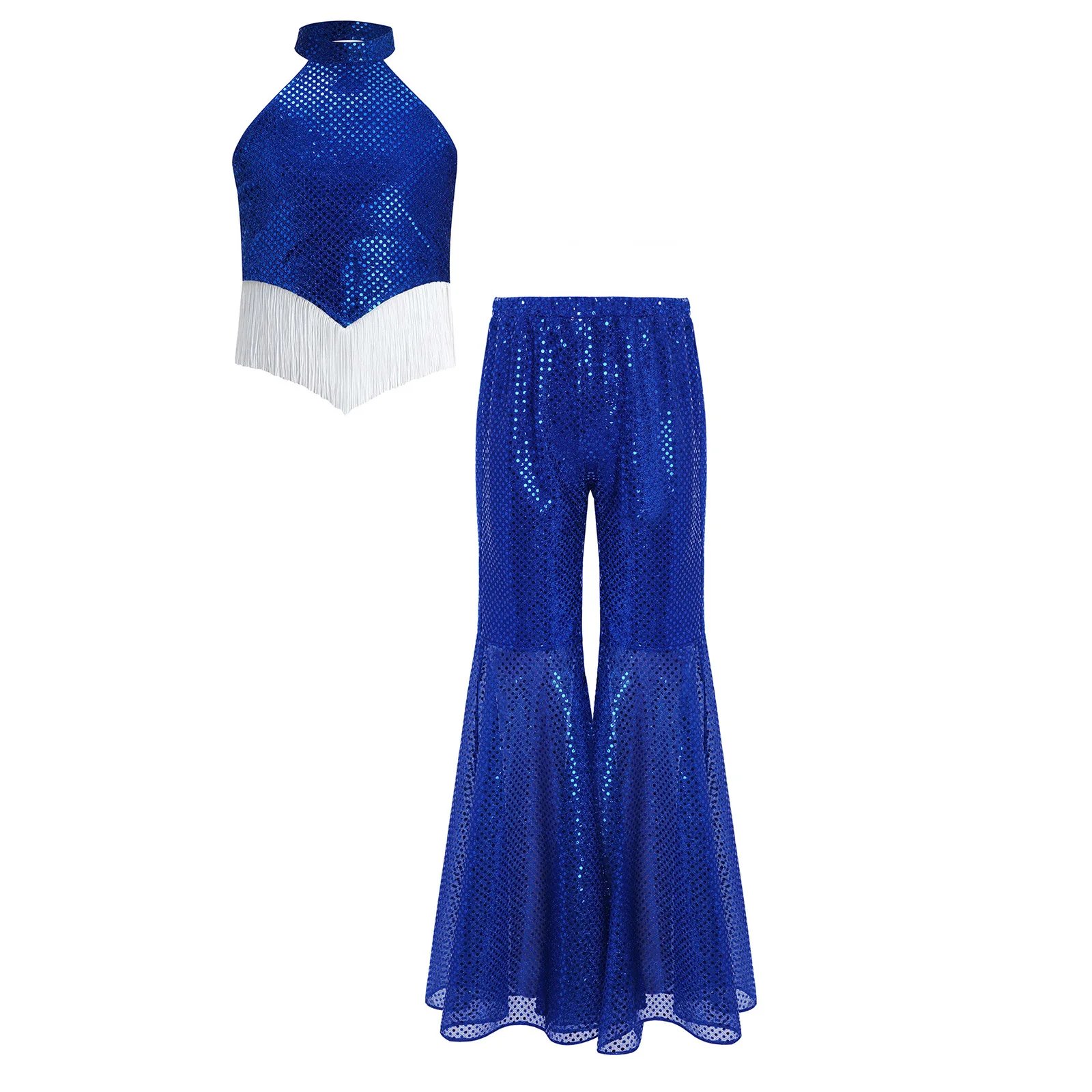Kids Girls 70s Disco Jazz Dance Costume Sequins Halter Sleeveless Crop Top with Bell-Bottom Pants Music Festival Party Dancewear