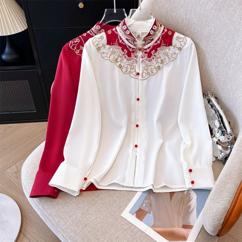Chemisier élégant à manches longues pour femme avec épaules brodées motif nuage, nouveau style chinois, tendance nationale, haut intégré haut de gamme