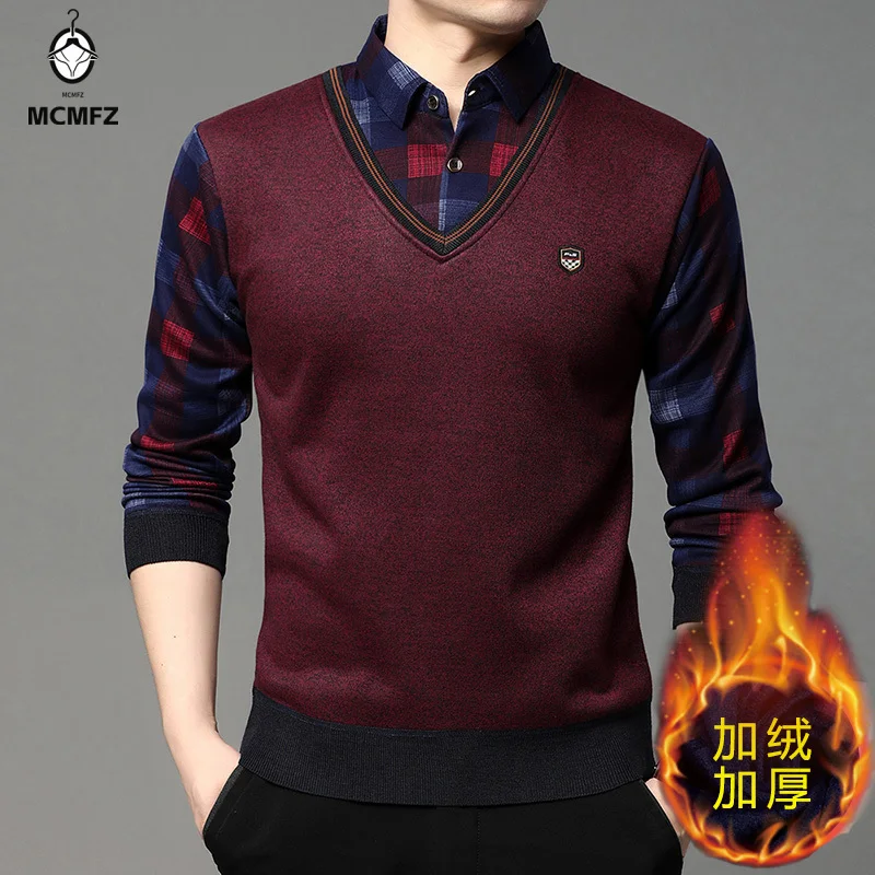 Workplace Mens Fake Two Piece Pullover Knit Waistcoat Pattern Fleece Lined Thermal Plaid Long Sleeve Collared Wear
