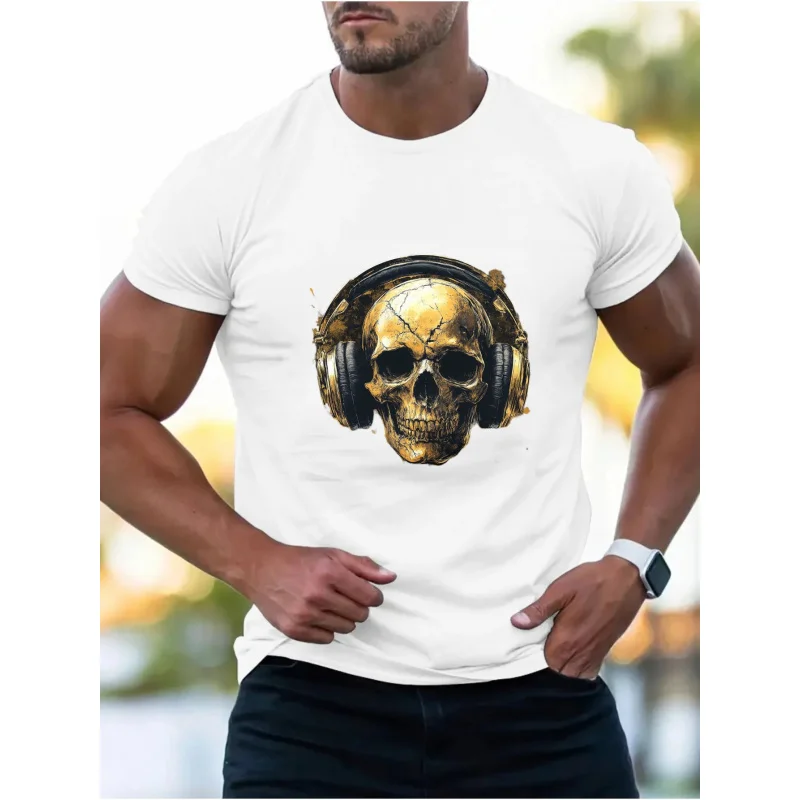 Men's T-Shirt White Skull with Headphones Printed Pattern High Quality Cotton 180g