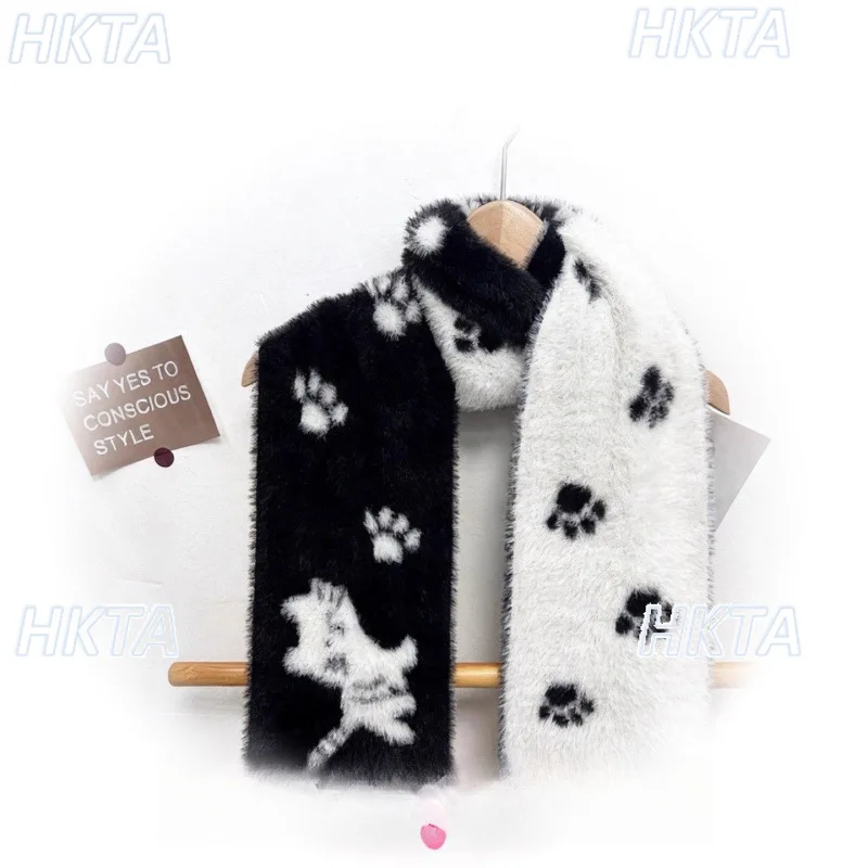 Syal Bulu Imitasi Dua Sisi Motif Gitar Musik Kucing Kartun Lucu Hitam Putih Gaya Gotik Y2K untuk Wanita, Syal Leher Hangat Serbaguna Musim Dingin Terbaru