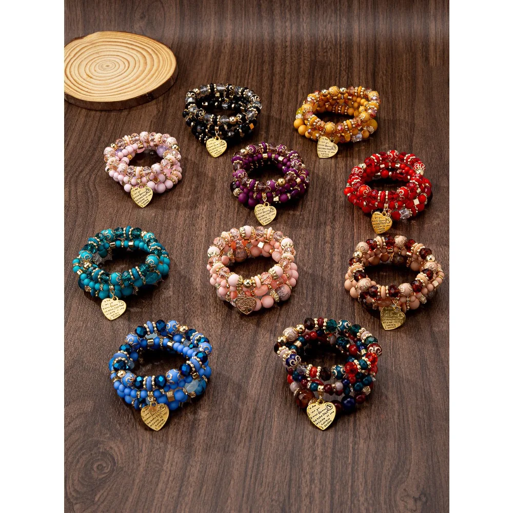 Bohemian Layered Acrylic Bead Bracelet for Women - Elastic String Heart Charm Bracelet Stackable Hand Chain M748