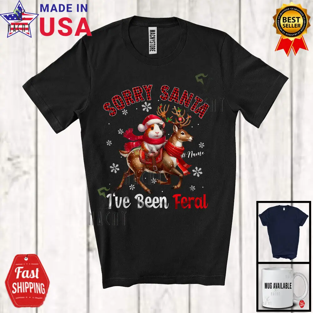 

Custom Name I've Been Feral; Christmas Plaid Guinea Pig Riding Reindeer T-Shirt