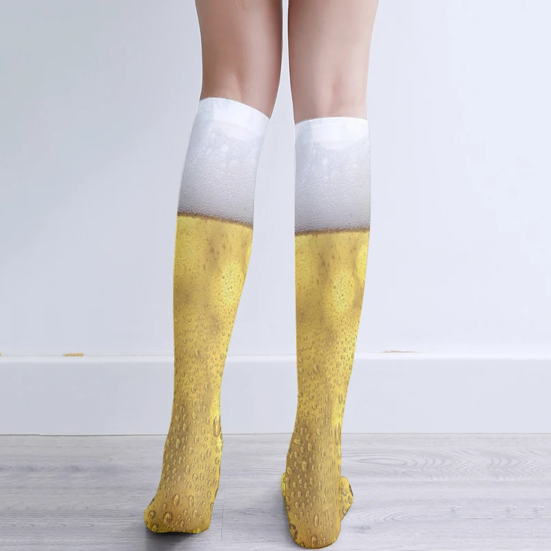 Funny Beer 3D Printing Calf Socks Thin Summer Knee Elastic Nylon Stockings High Quality Beer Bubble Cosplay Girl Knee High Socks