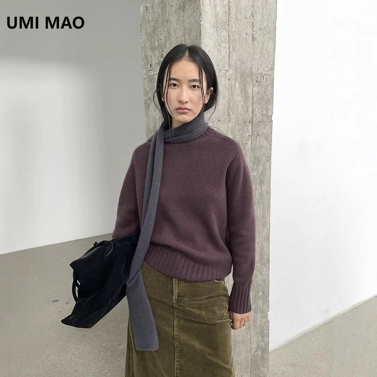 

UMI MAO Top Casual Love Winter Korean Style Round Neck Full Wool Diagonal Hem Warm Wool Sweater Dresses For Women