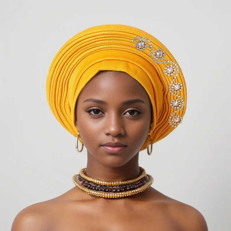 

African Nigeria Head Ties with Diamonds Turbante Already Made Auto Gele Bonnet Fashion Headgear Women Headscarf Wraps Headtie