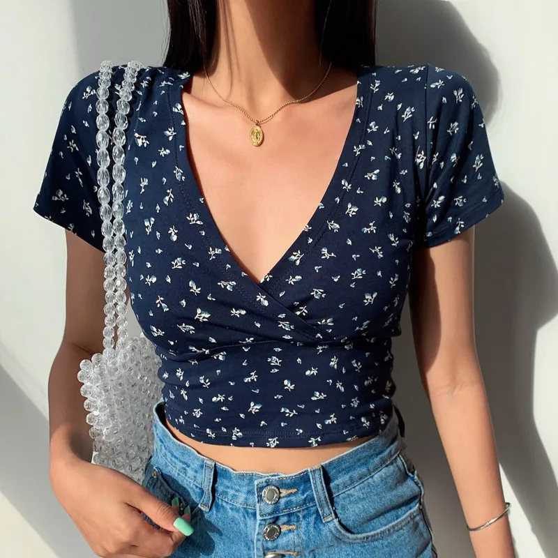 Vintage Floral Cross Crop Top T-shirt Women Cropped Slim Short Sleeve V-neck Sexy Summer Clothes Tee Shirt Femme Woman Tops