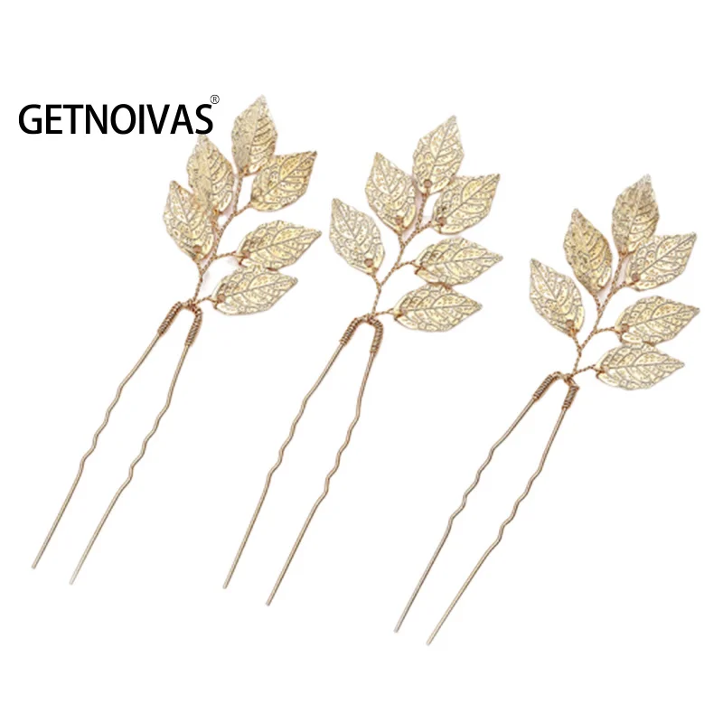Sweet U Shape Hairpin Vintage Hair Accessories Gold Color Leaf Headdress for Bride Bridesmaid Wedding Banquet Bridal Headwear
