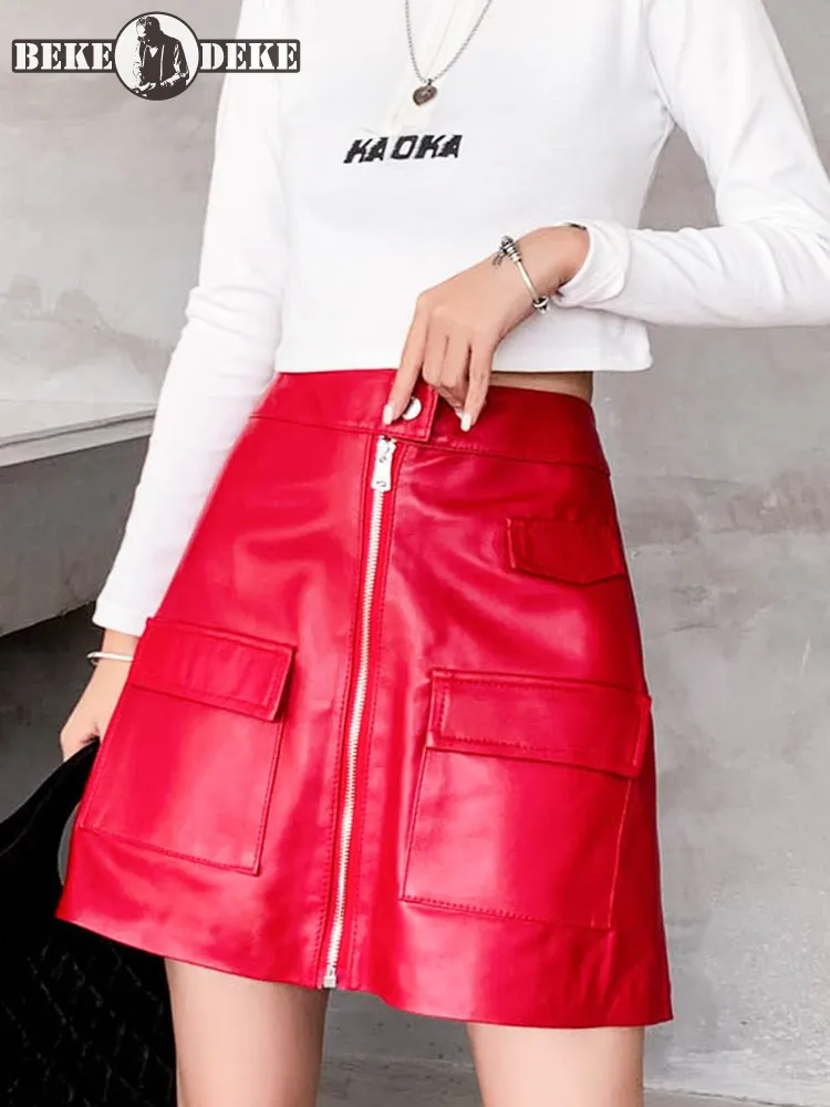 Women Sexy Zipper Short Mini Skirt A Line Slim Fit Casual Streetwear Ladies Spring Summer Sheepskin Genuine Leather Wrap Skirts