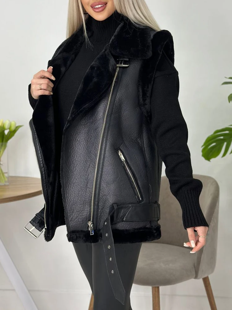 Ailegogo Streetwear Women Loose Thick Warm Sleeveless Faux Soft Fur Leather Vest Autumn Winter Female Zipper Belt Waistcoat Tops