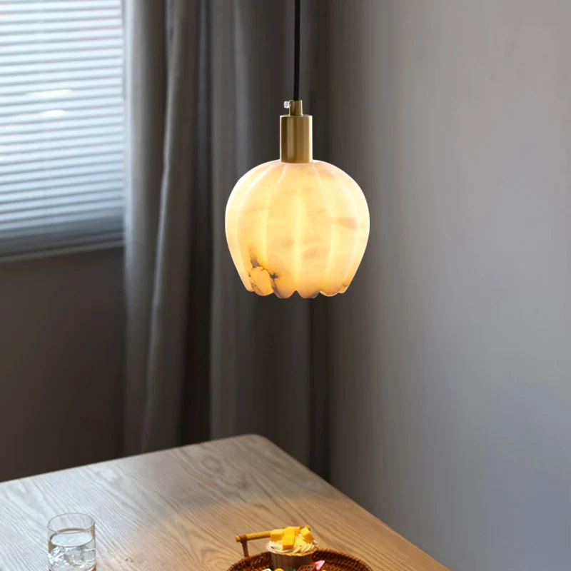 Nordic All Copper Marble Bedroom Bedside Small Pendant Light Minimalist for Restaurant Corridor Single Head Decor
