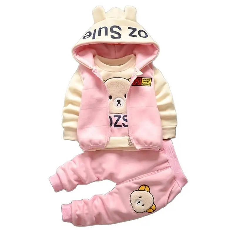 Winter Girls Cartoon Cat Clothing Sets Kids Thick Warm Pants Suit Children Plus Velvet Tracksuit Toddlers Hooded Vest 3Pcs 0-5Y