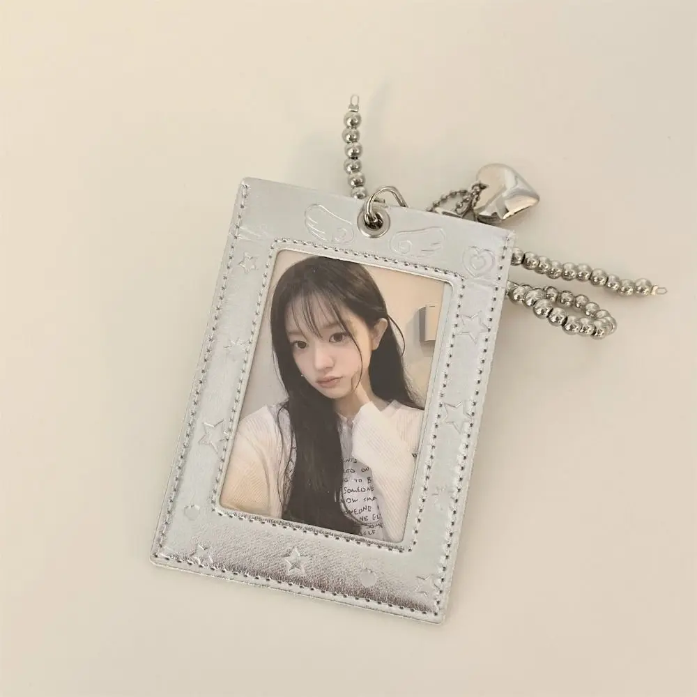 INS Style Multifunction Kpop Photocard Holder Silver with Keychain Photocard Case PVC Cute Idol Photos Protective Cover Girls