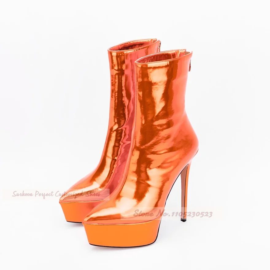 Turquoise Hologram Iridescent Mirror Leather Ankle Boots Thin High Heel Platform Pointed Toe Booties Back Zipper Elegant Shoes