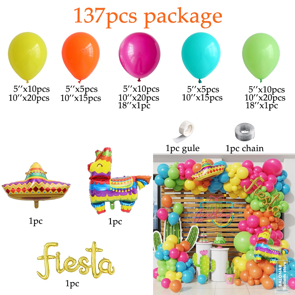 137pcs Mexican Fiesta Party Balloon Garland Arch Kit Cactus Llama Foil Balloons for Taco Twosday Birthday Decor Baby Shower