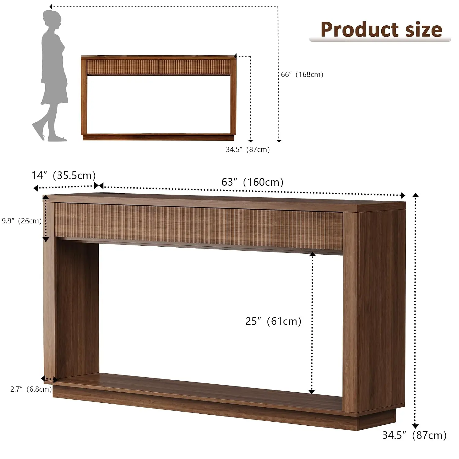 63 Inch Console Table with 2 Drawers, Built-in Outlet, Spacious Display Surface for Entryway & Living Room, Customized