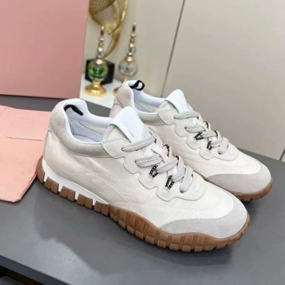

2026 Spring Summer New Women's Color Block Platform German Trainers Genuine Leather Round Toe Lace Up Casual Sneakers