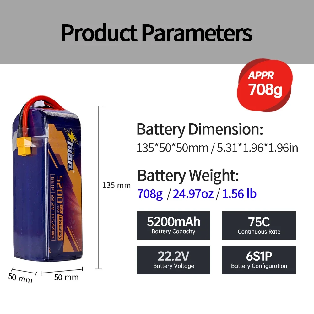 22.2V 5200mAh 6S 75C LiPo Battery with XT60/XT90 Plug High Discharge for FPV Racing Drone Quadcopter RC UAV Long Flight Time