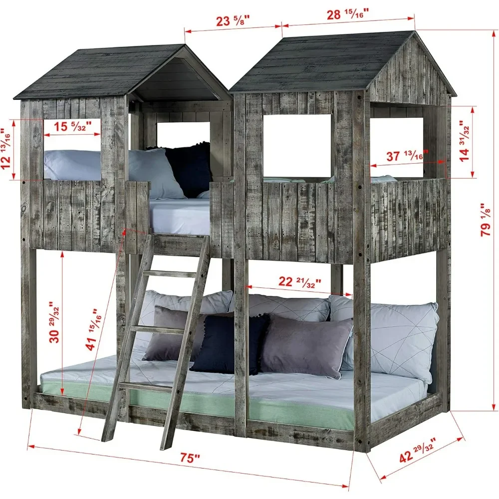 Twin Tower Bunk Bed BUNKBED, TWIN/TWIN, Rustic Dirty White, Removable Ladder, Easy To Assemble, Sturdiness, Loft Beds Kids