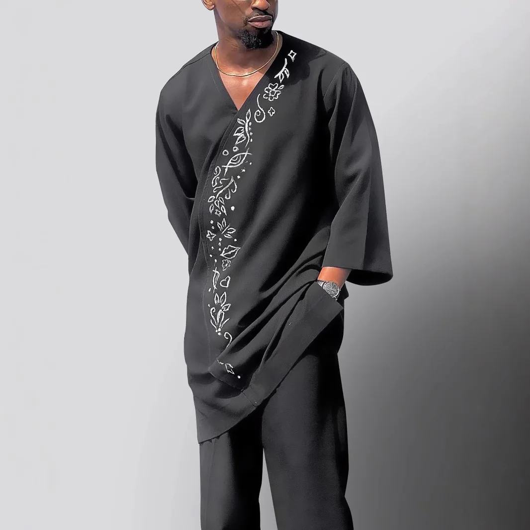 2026 New Autumn/winter Best-selling Black Simple Men's Casual 2-piece Suit Robe Abaya Ramadan Dubai Luxury Islam Elegant