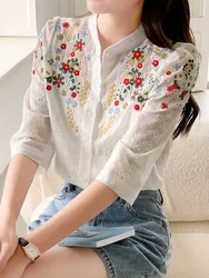 Summer New Vintage Embroidered Flower Jacquard Shirt For Women Romantic Gentle Style Versatile Stand Collar Shirt