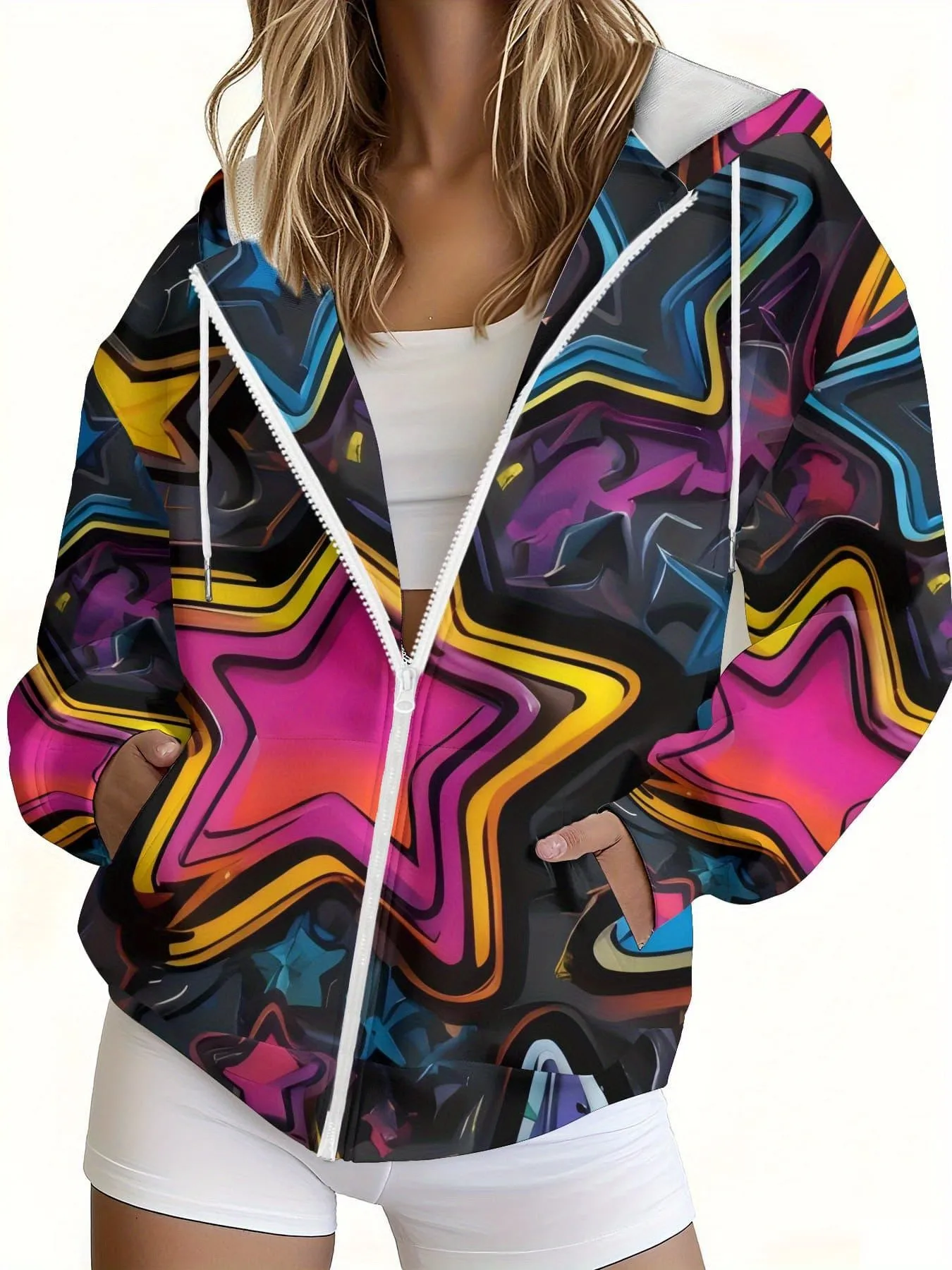 2026 autumn and winter new style women's zipper hooded sweater with 3D graffiti pattern printing street casual fashion