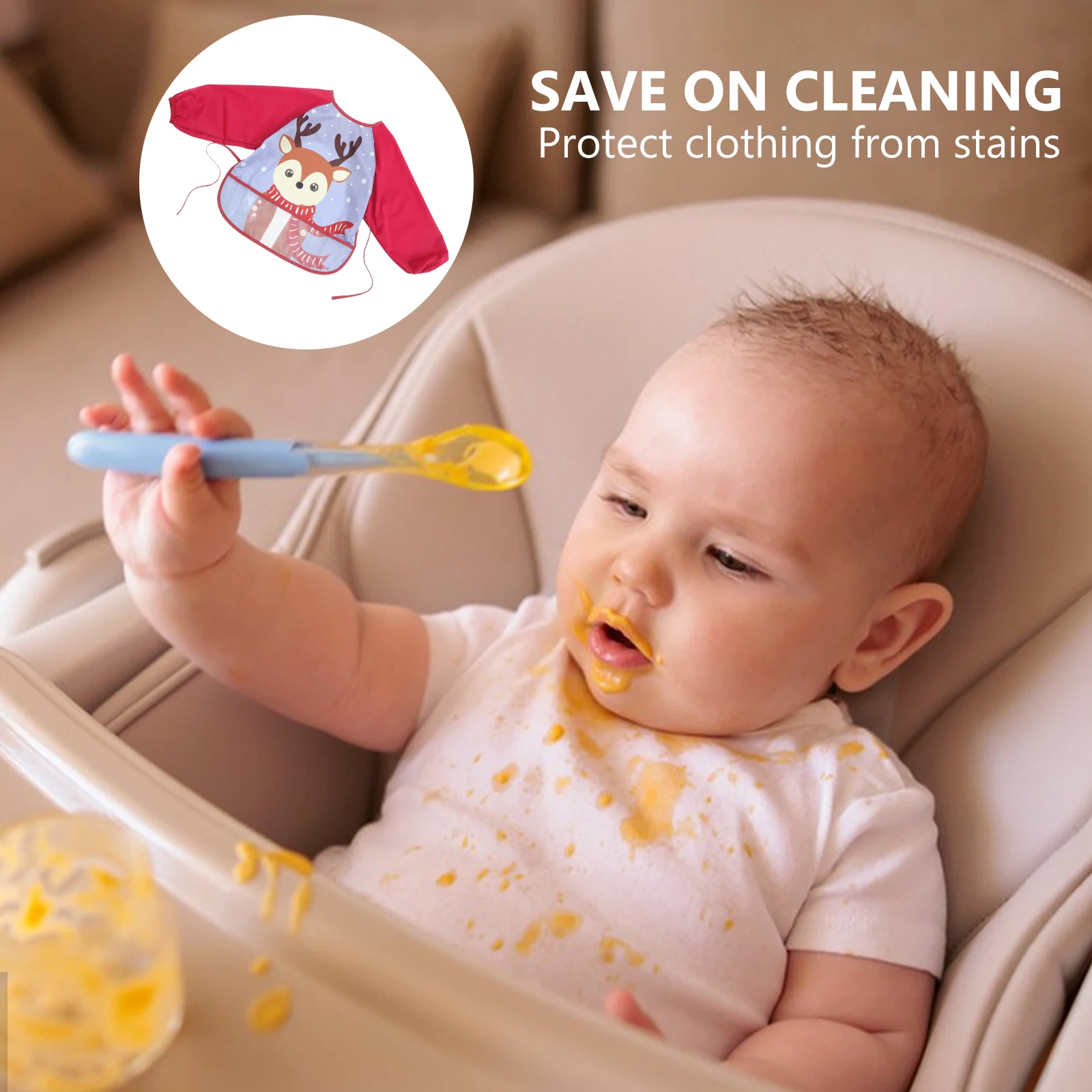 مريلة أطفال مقاومة للماء بأكمام طويلة وغطاء كامل للأطفال الصغار مريلة للتغذية وحماية الطعام للأطفال #3