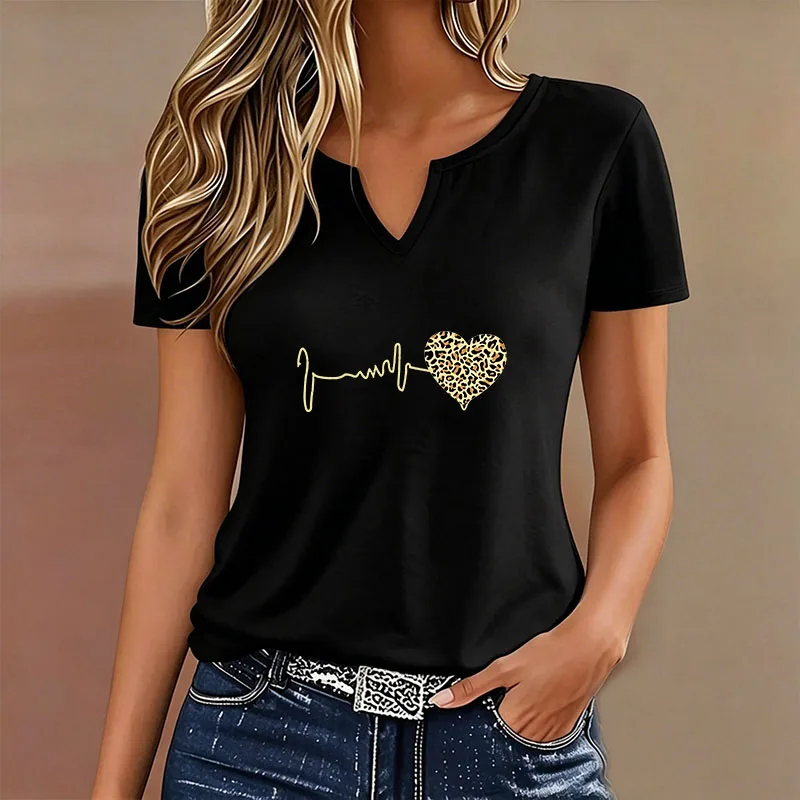 Fashion T-shirt V Neck Casual Y2k Love Heart Printed T Shirts Women Short Sleeve Tee Shirt V-Neck Summer Spring