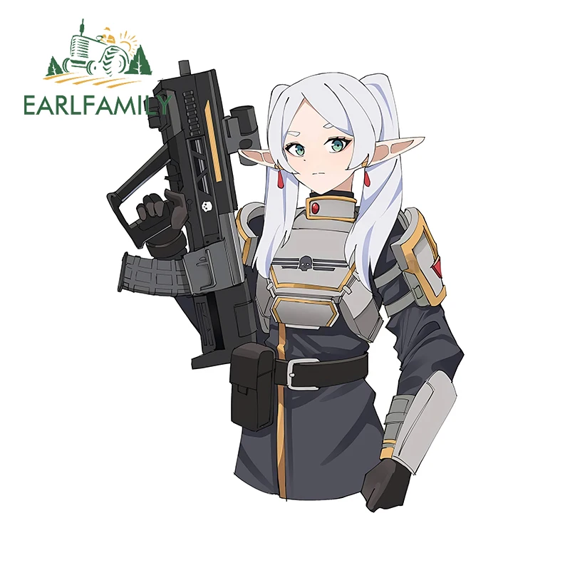 EARLFAMILY 13cm x 10.3cm Frieren Peek with Gun Car Stickers Personality Anime Fully Armed Decal Creative Motorcycle Racing Decor