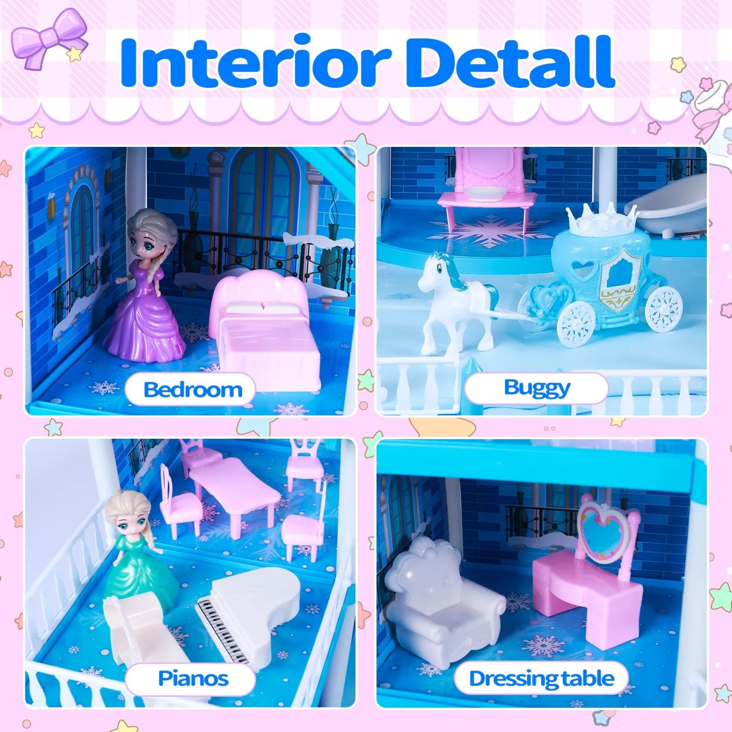 Casa de muñecas de princesa azul para niños, juego portátil de 16 habitaciones con luces, muebles y accesorios, juguete creativo para juegos de rol ​