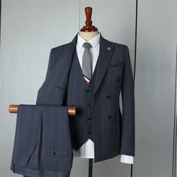 (50) Customized 2024 Blue Double-breasted Striped Suit Suit Men's Three-piece Slim Fit Wedding Casual Suit