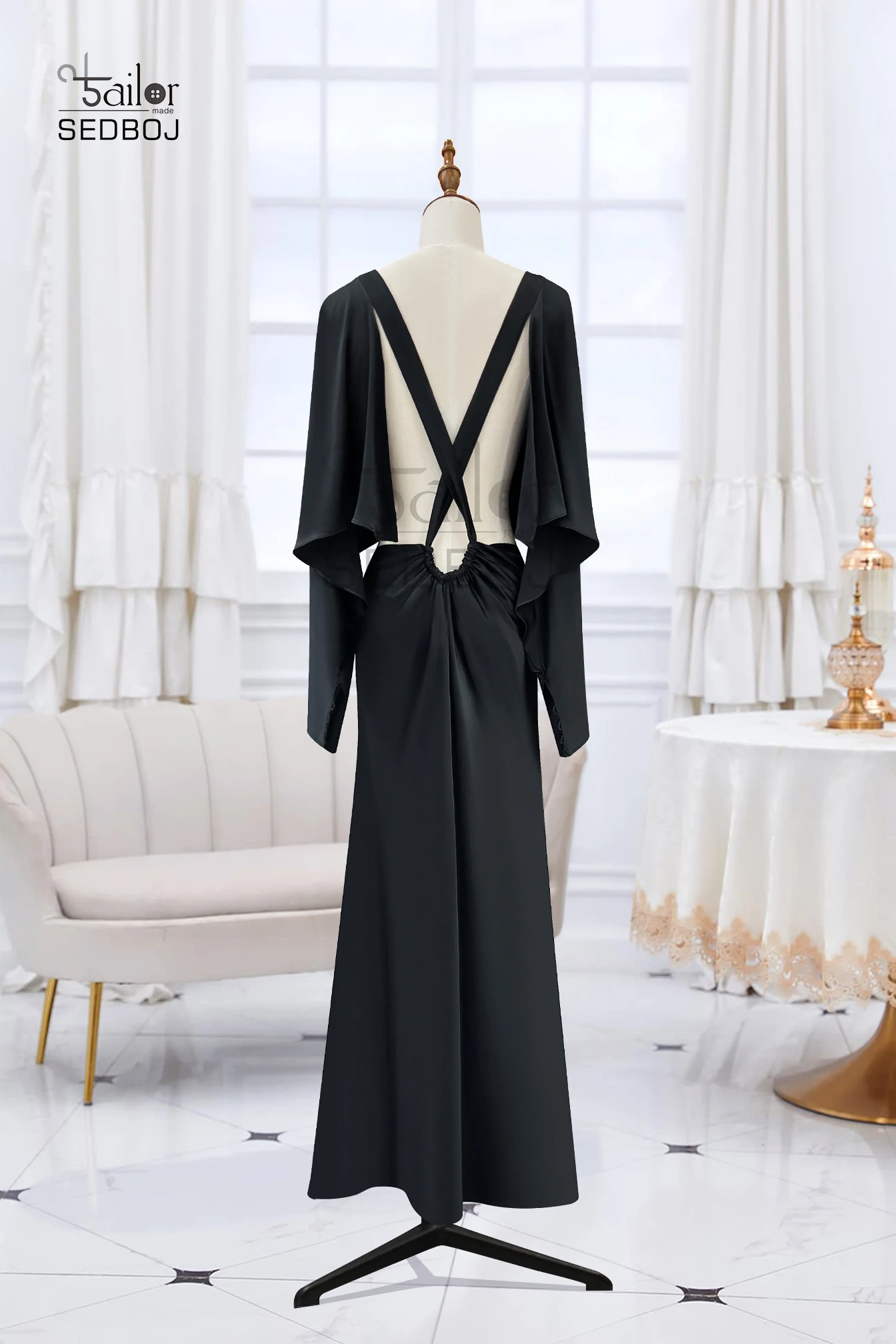 Tailored black silk fishtail exposed navel evening gown for brides