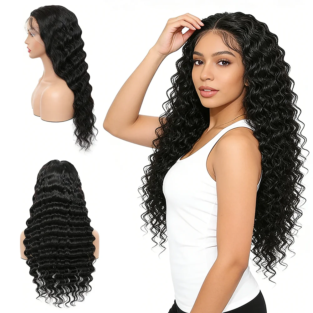 

13x4 Lace Frontal Wig Heat Resistant Synthetic Hair Loose Deep Wave Black Natural Hairline Pre Plucked For Women Daily Use