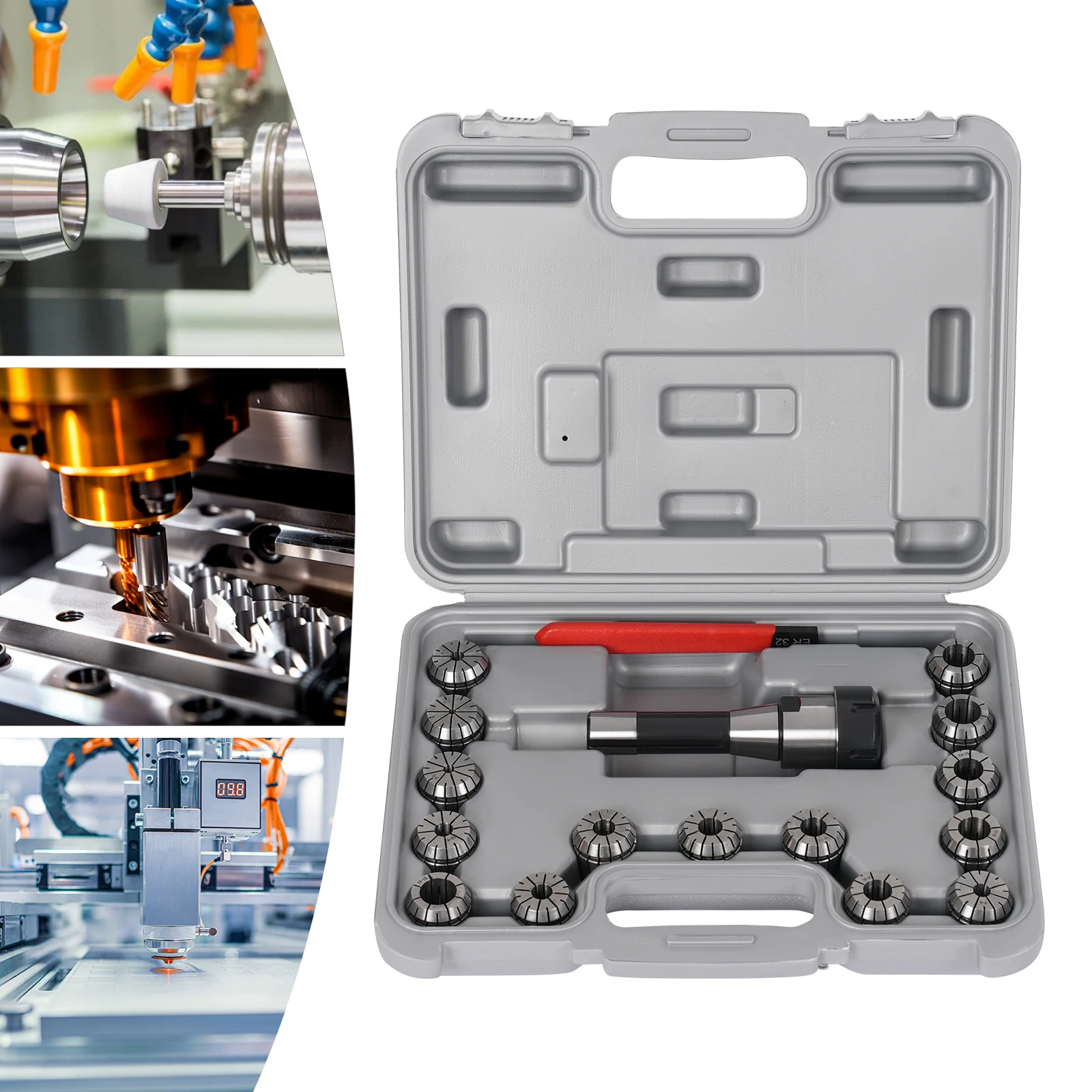 

Набор цанг R8-ER32, 15 шт., набор серебряных цанговых патронов, ящик для инструментов 33*13*26 см для совместимых с фрезерными станками с конусом шпинделя R8