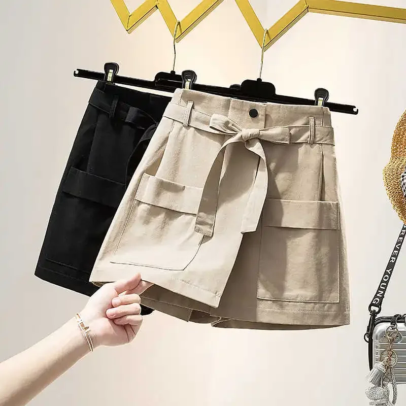 

Pockets Retro High Waist Cargo Summer Shorts Women Khaki Black Casual Wide Leg Loose Short Femme Trousers