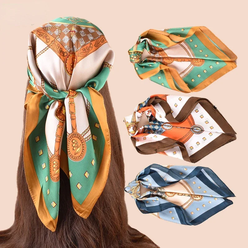 Heitou Satin Chiffon Retro Printing 70CM Small Square Scarves Professional Silk Sun Shawl Neck Decoration Accessories Turban