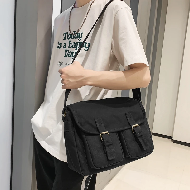 Casual Canvas Women Shoulder Bags Female School Messenger Bags Multi Pocket Flap Buckle Unisex College Student Crossbody Bookbag