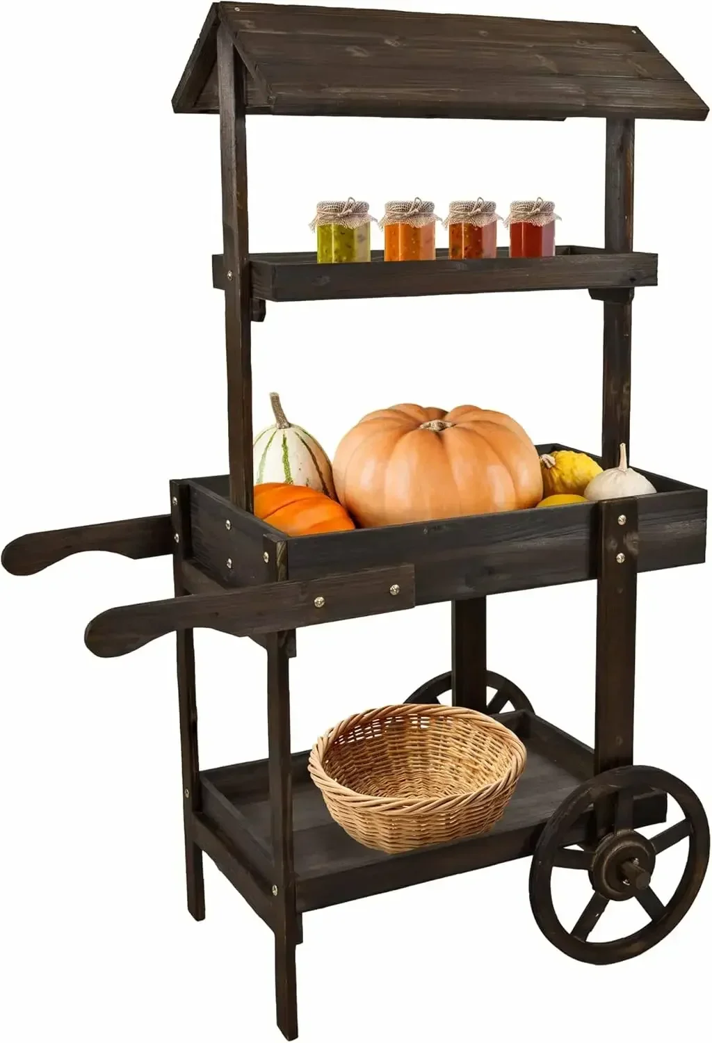 Sunnydaze Country Market Flower Cart Display Stand with Wheels  2 Shelves - Fir Wood 30 lb Weight Capacity  Charred Fir