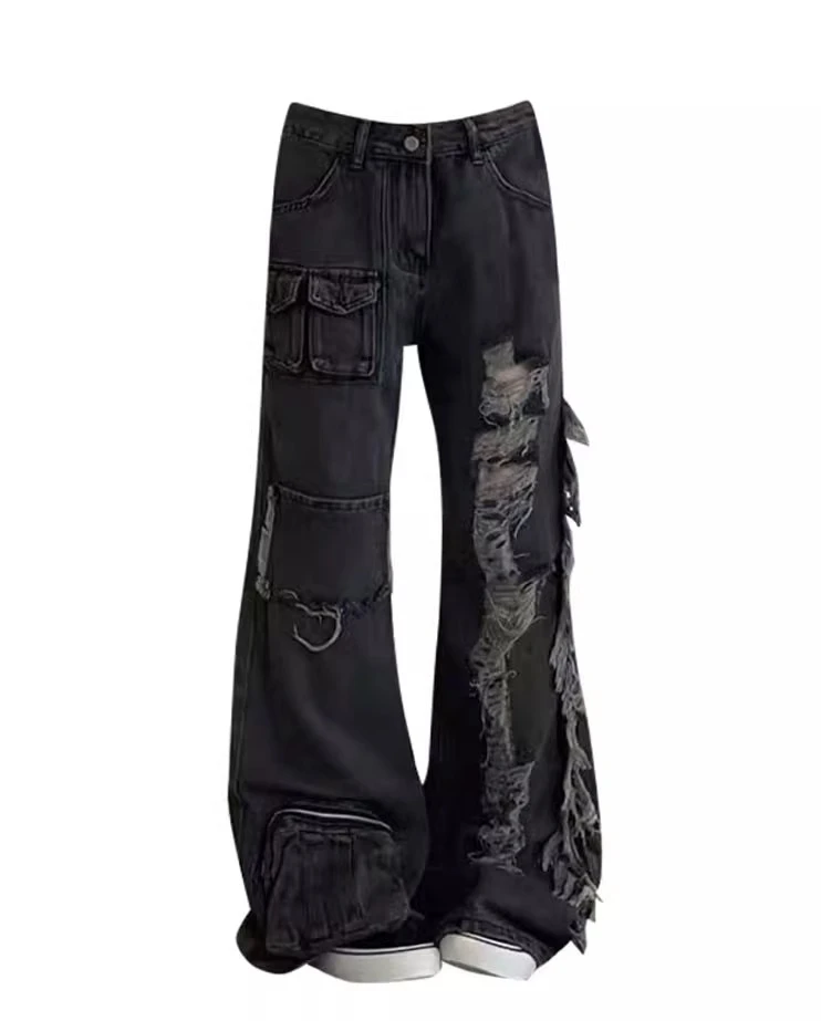 Tamanho grande europeu americano subcultura cintura alta jeans rasgados 2025 feminino nova rua multi-bolso y2k solto calças de perna reta
