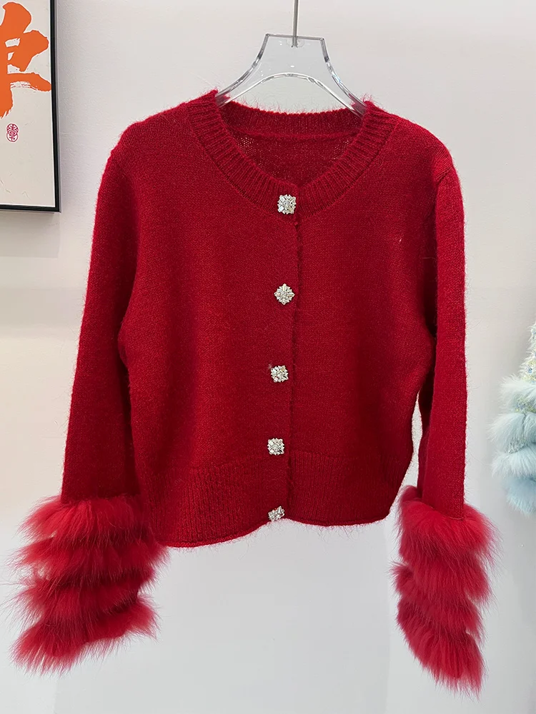 2025 신상 여성 가을 리얼 퍼 봄 풀오버 코트 리얼 폭스 퍼 숏 니트 스웨터 코트 여성 럭셔리 자켓