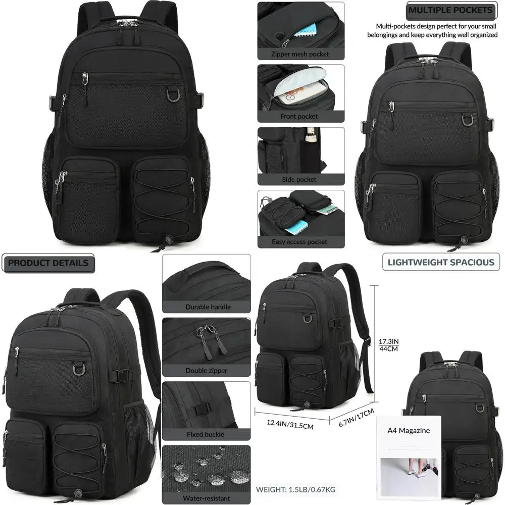 Водостойкий рюкзак для ноутбука 15,6 с несколькими карманами для школы, путешествий и приключений на свежем воздухе (черный)