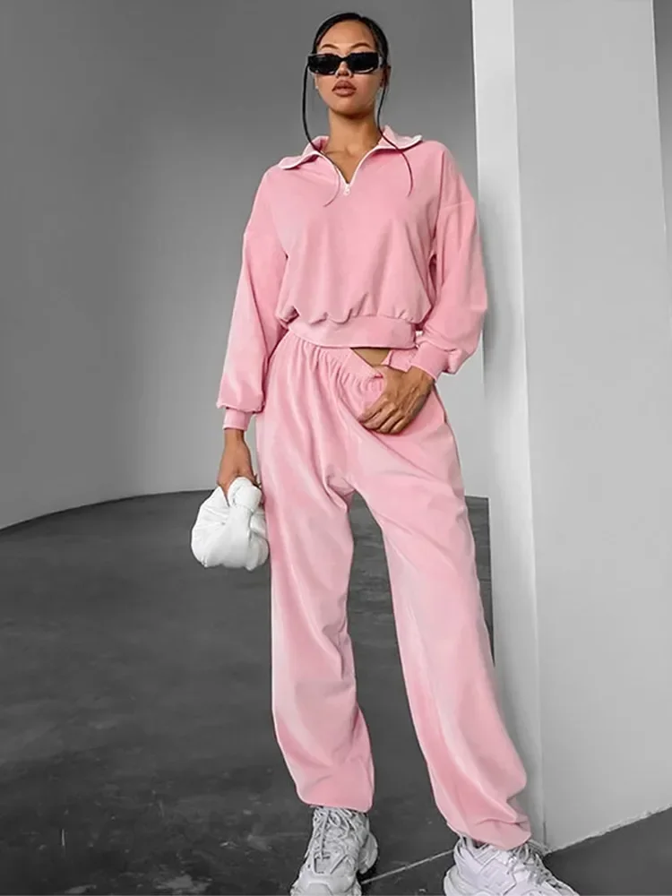 

Розовый спортивный костюм на молнии с капюшоном, женский повседневный спортивный костюм с v-образным вырезом и воротником-стойкой, широкие брюки, осенняя уличная одежда для поездок на работу, наряд