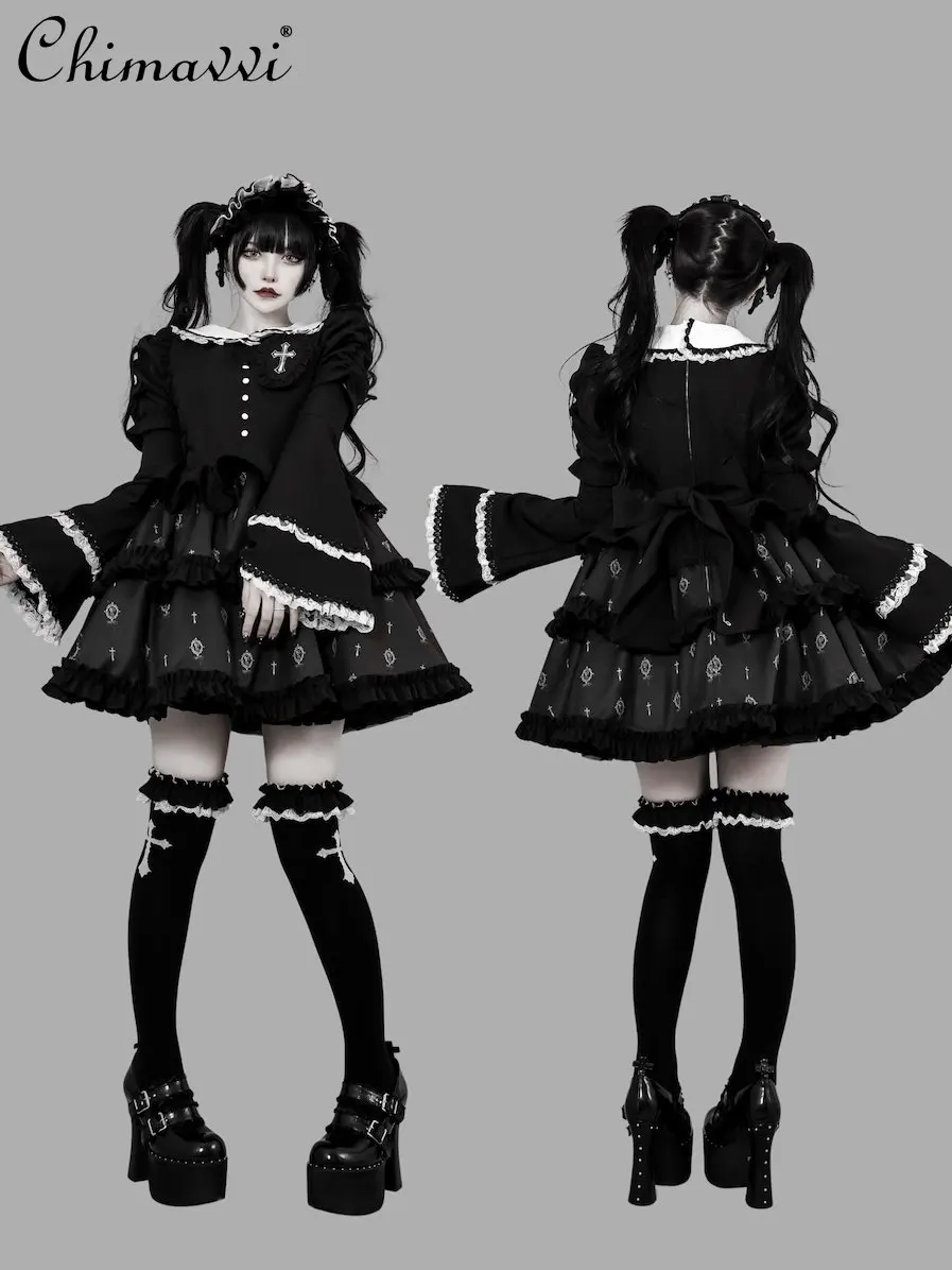 

Japanese Dark Punk Style Lace Patchwork Dress Spring Gothic Cool Girl Black Doll Collar Embroidered Women's Dress with Headband