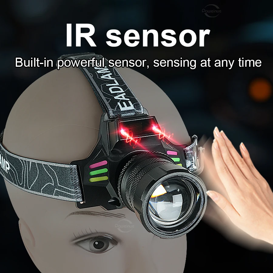 800000000LM Strong Light LED Headlight White+Yellow Light Sensor Headlamp Rechargeable Lamps Power Display Fishing Head Torch