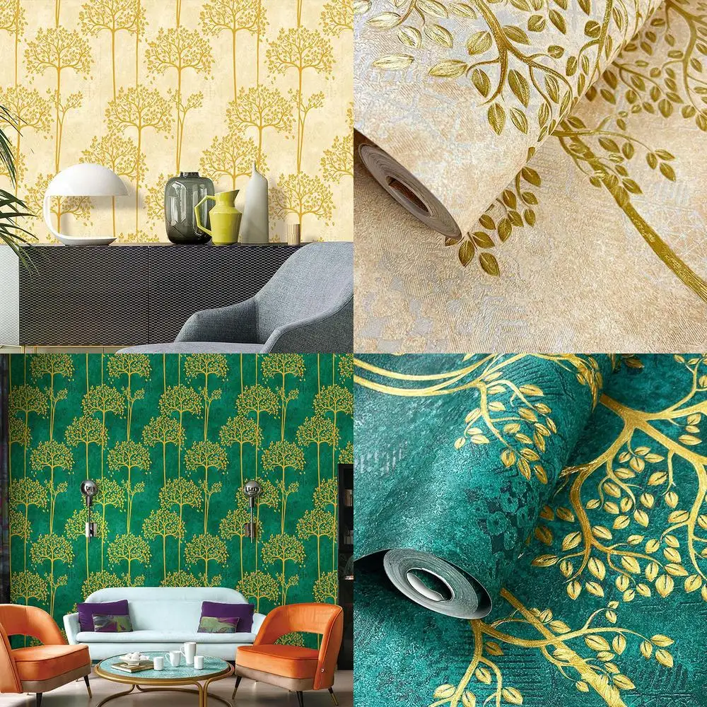 Luxury Neoclassical Gold Tree Living Room Hotel Tea House Lounge Art Background Wallpaper Screen Wrapping Paper