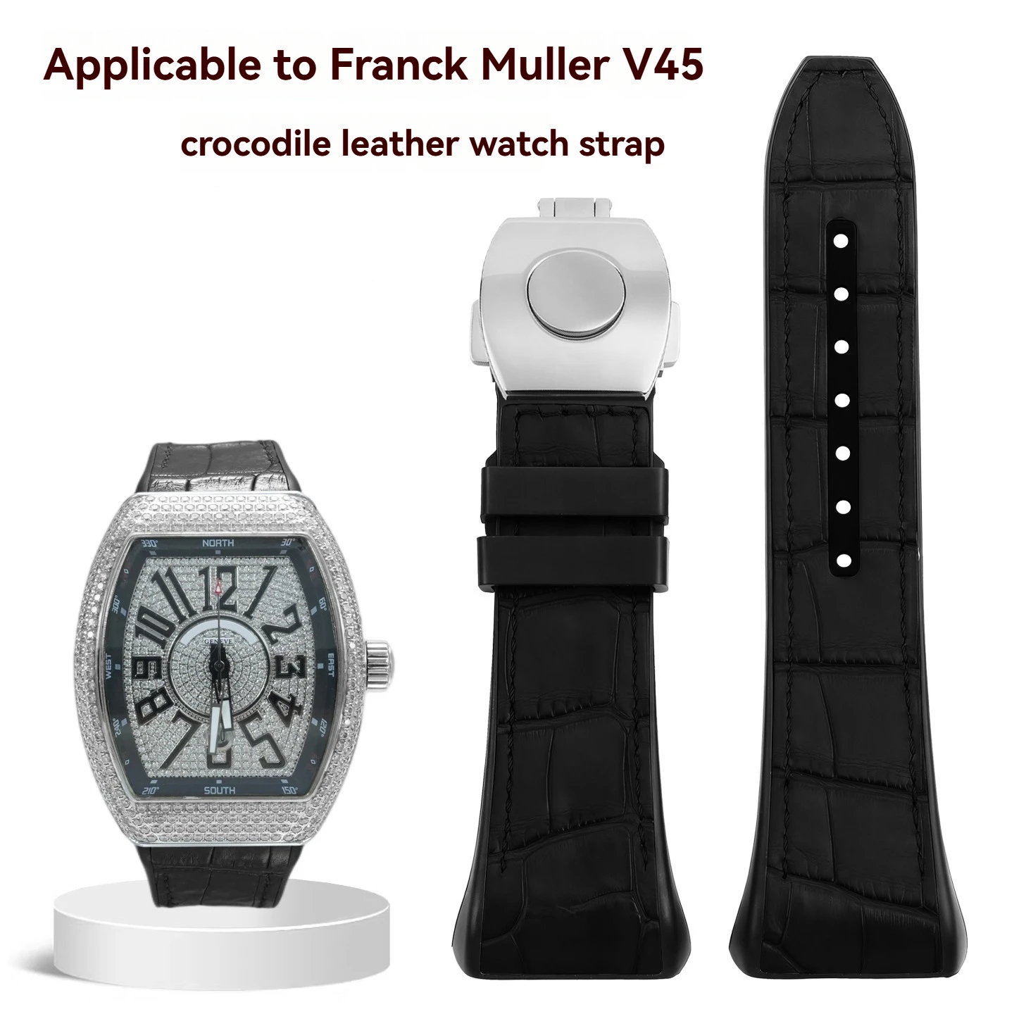 For Franck Muller V45 Series 8880 Yacht Barrel: FM Premium Genuine Alligator Leather Blue Fluor rubber Watch Strap Accessory