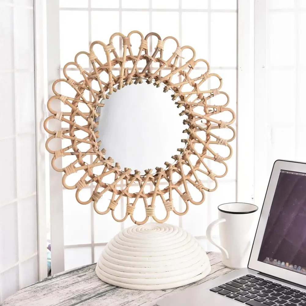 AT84-40Cm Nordischer Wandspiegel aus Rattan, Runder Schminkspiegel für Wohnzimmer und Badezimmer, Dekorativer Hängespiegel