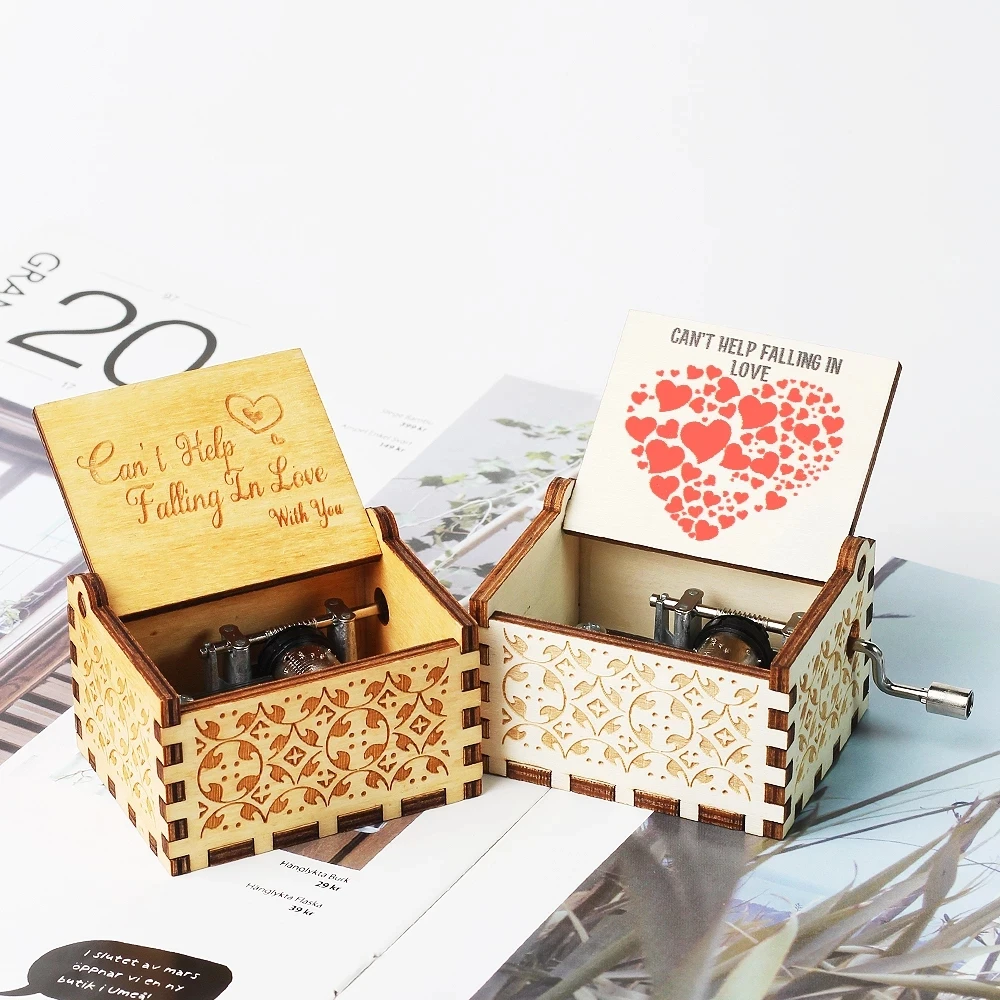 Wooden Hand Cranked Music Box, Can't Help Falling in Love Theme, Valentine's Day Gift for Lovers, Birthday Present for Girlfrien