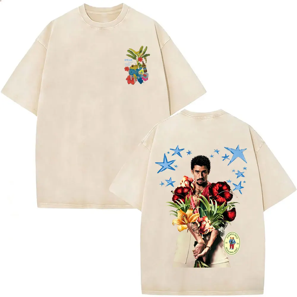 Rapper Bad Bunny Vintage Washed T-shirt Debi Tirar Mas Fotos DTMF T-shirts Men Women Fashion Hip Hop Street Oversized T Shirts