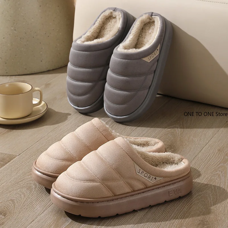 

Wholesale Men's Shoes Casual Warm Plush Lining Slip on Striped Platform Slides Unisex Comfortable Anti-skid Indoor Slippers New
